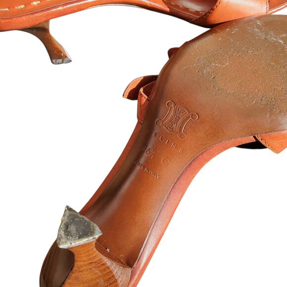 Celine Orange Kitten Heel Mules Buckle Detail Gold Stitching - Size 36.5 - Picture 3 of 9